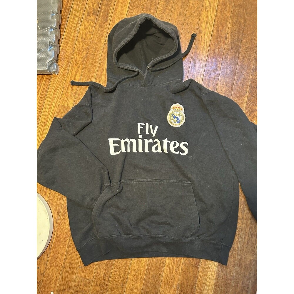 Real Madrid FC EMIRATES Black Hoodie Sweatshirt Size Medium Football Soccer
